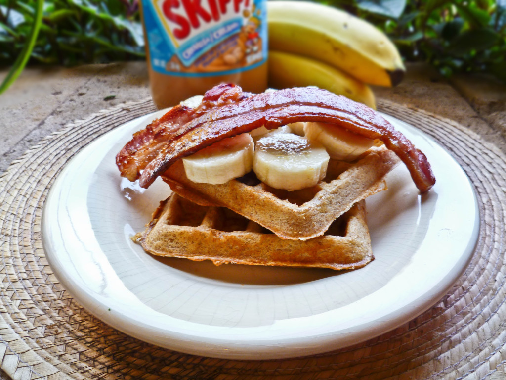 Peanut Butter Waffles with Thick Cut Bacon and Banana