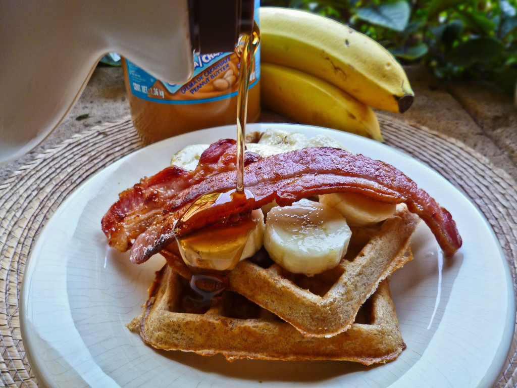 Peanut Butter Waffles with Thick Cut Bacon and Banana