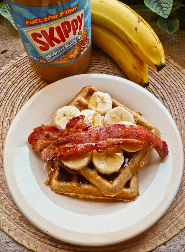 Peanut Butter Waffles with Thick Cut Bacon and Banana