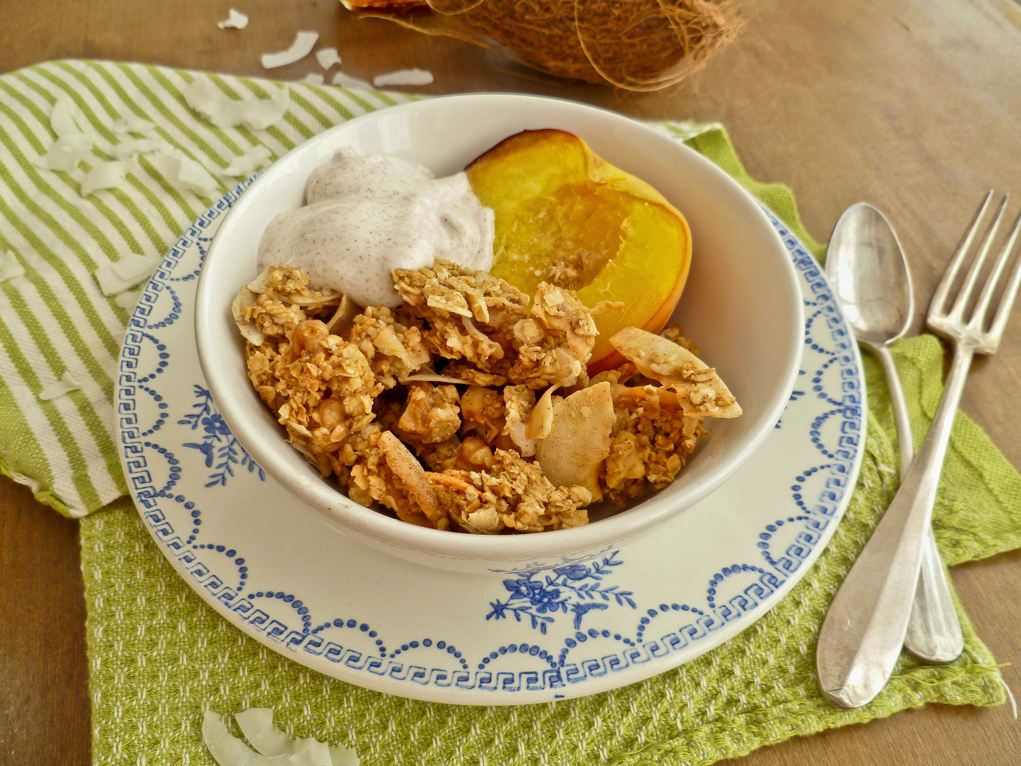 coconut granola with roasted peaches and cinnamon yogurt