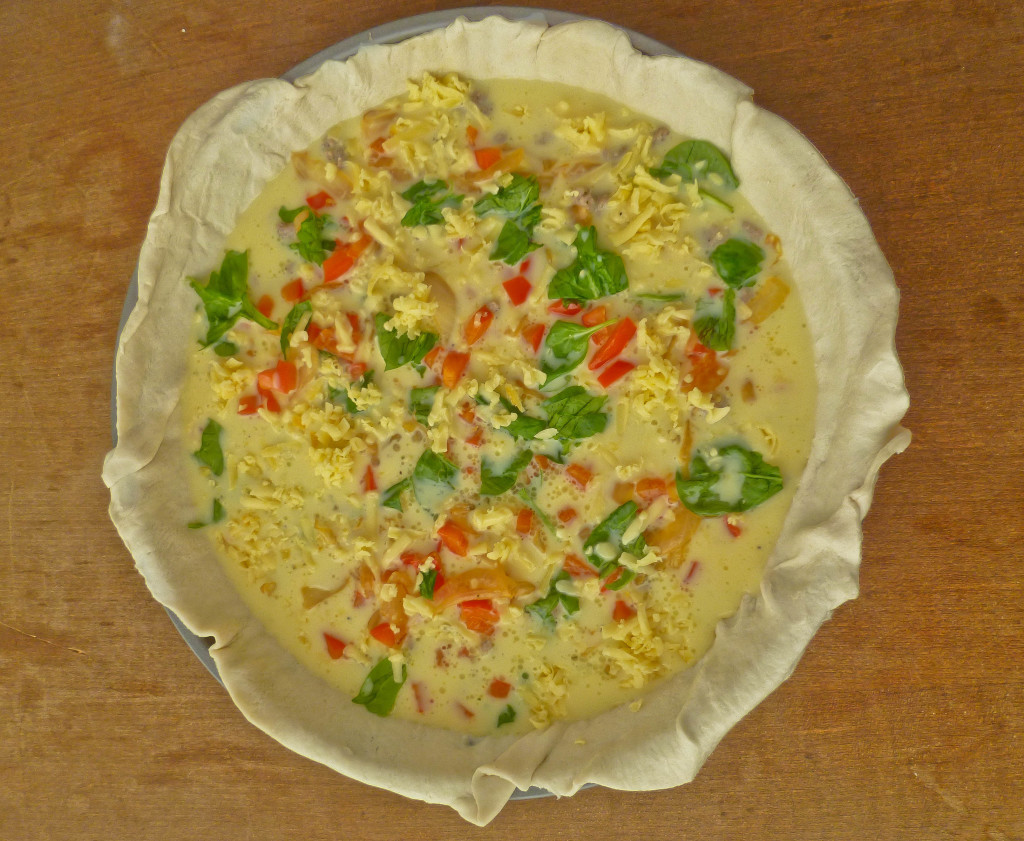 sausage, pepper, caramelised onion and spinach quiche