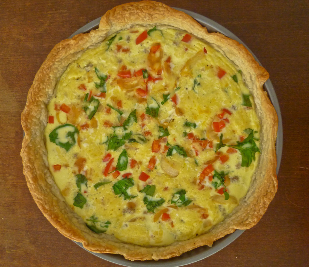 sausage, pepper, caramelised onion and spinach quiche