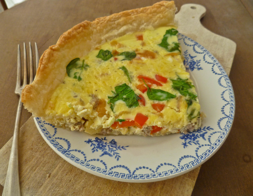 sausage, pepper, caramelised onion and spinach quiche