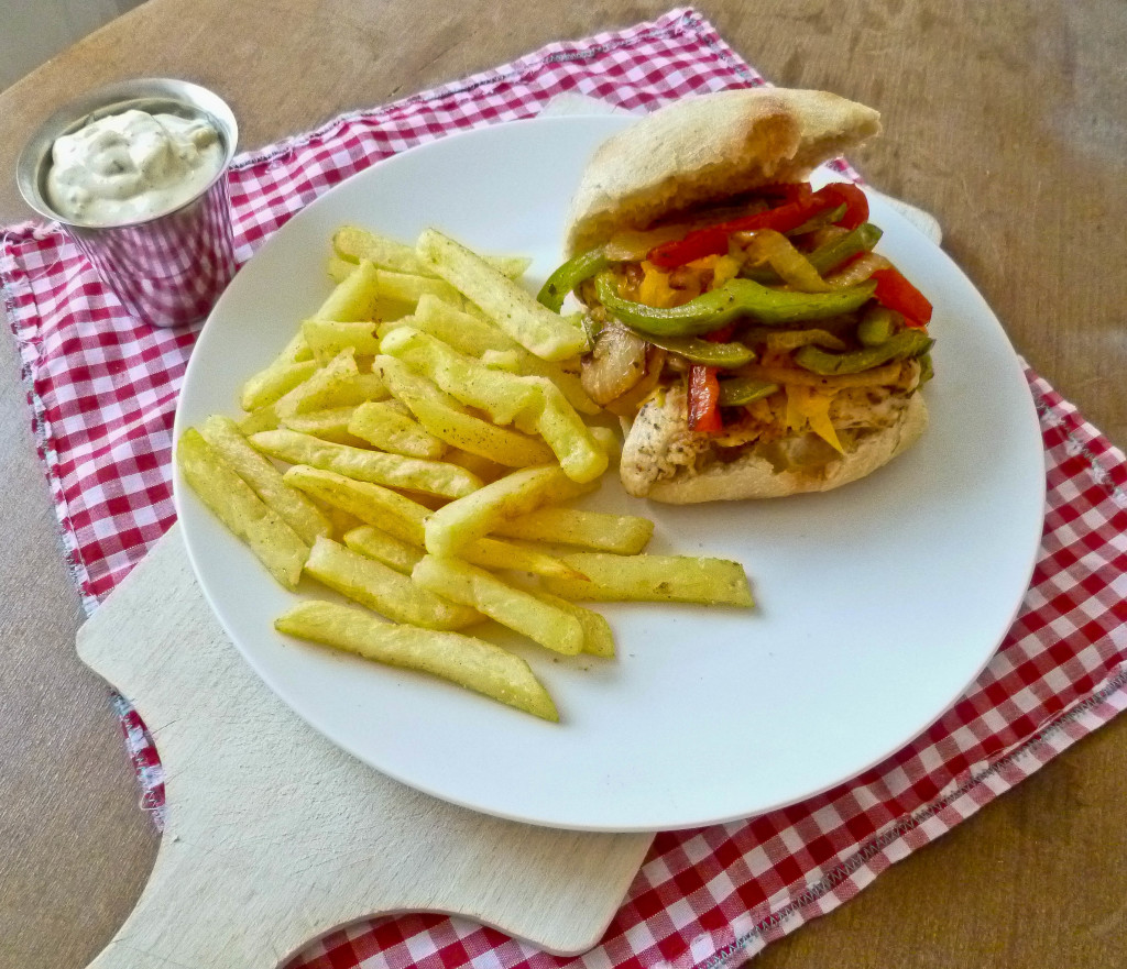 Cajun Chicken Sandwich with Peppers and Garlic Seasoned Fries