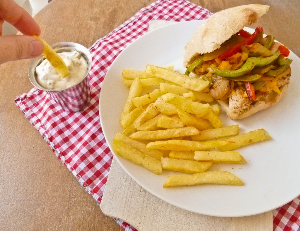 Cajun Chicken Sandwich on Ciabatta with Grilled Peppers and Garlic Seasoned Fries