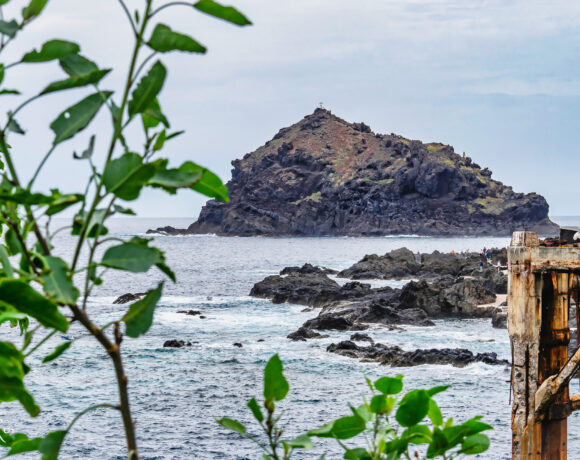 Looking through trees towards a craggy rock in Garachico, Tenerife