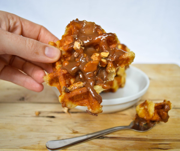 waffles with chocolate peanut sauce