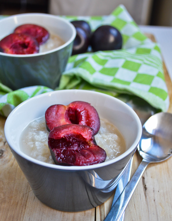 Coconut Rice Pudding with Griddled Plums #vegan | Hungry and Confused