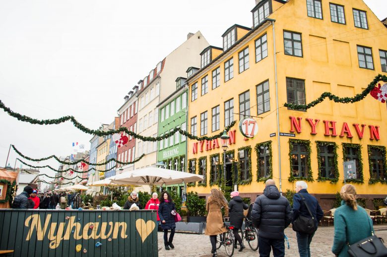 Christmas decorations strung up along Nyhavn in Copenhagen