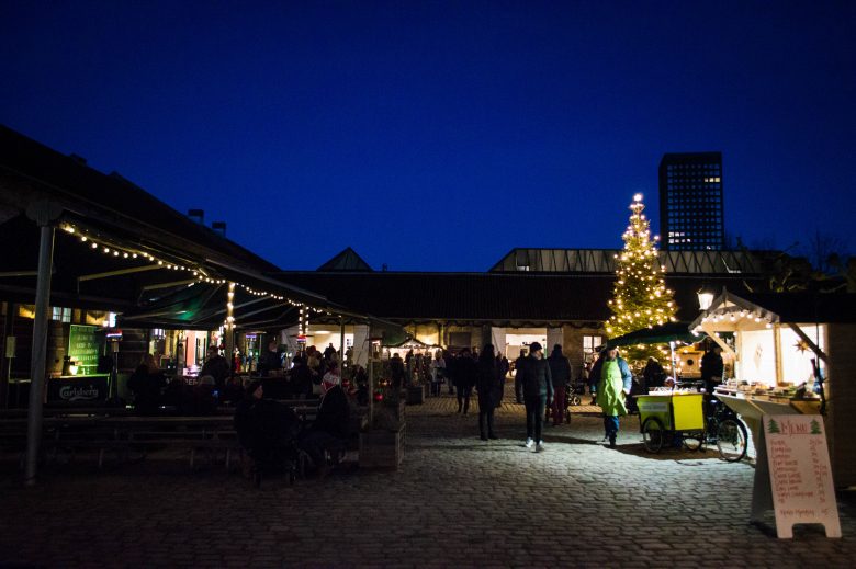 Christmas market stalls outside the Carlsberg Brewery Experience in Copenhagen