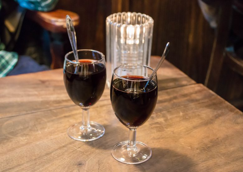 Two glasses of red Glogg at Hviids Vinstue in Copenhagen