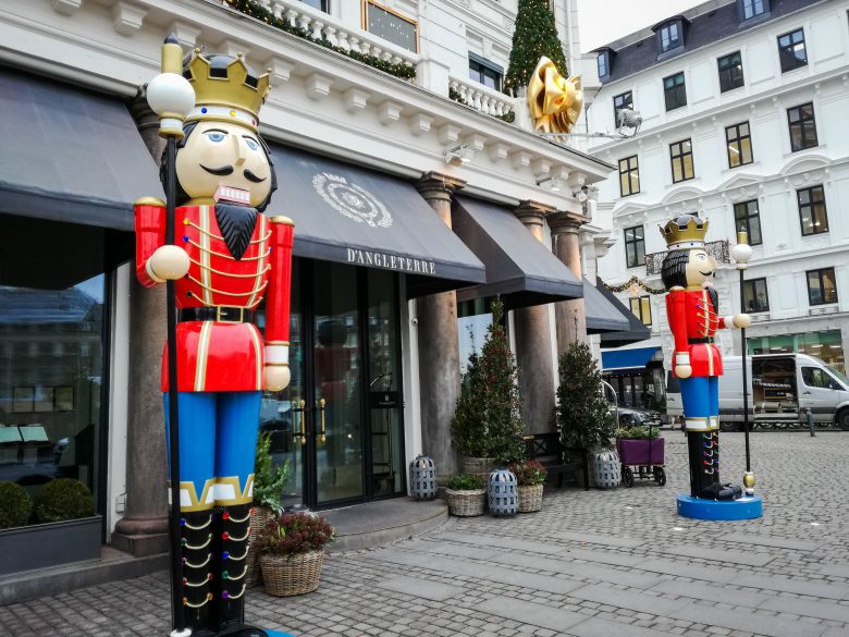 Two big nutcracker statues stood outside of the Hotel D'Angleterre in Copenhagen