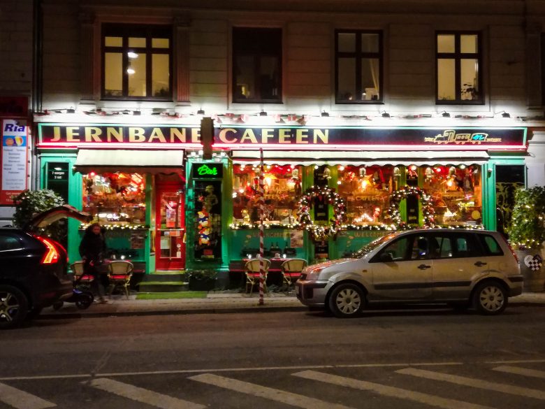 The Christmas decorations outside of Jernbanecafeen in Copenhagen