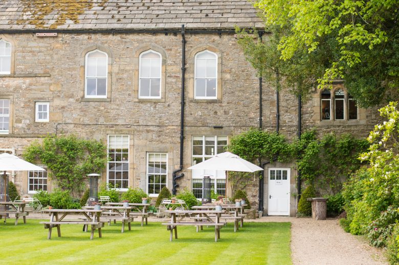 The lovely gardens at the back of The Lord Crewe Arms Hotel