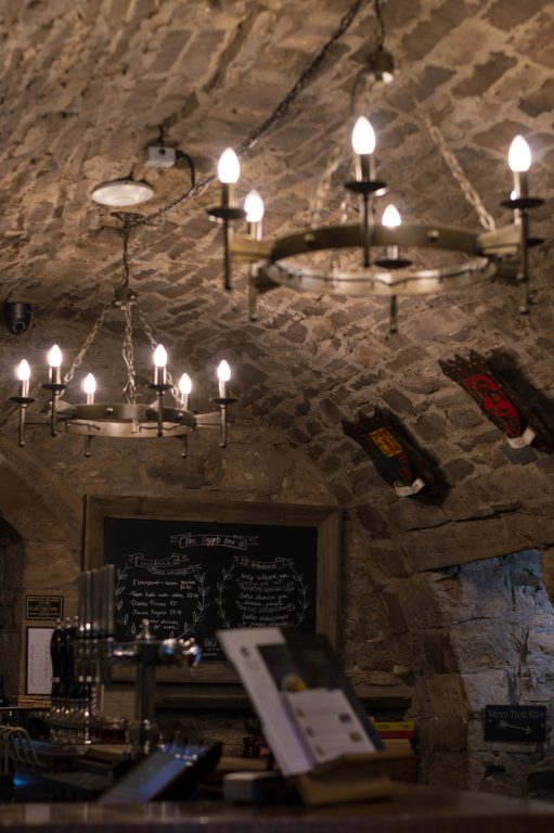 The chandeliers in The Crypt Bar
