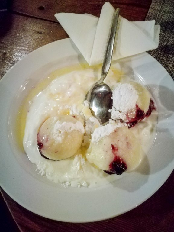 Sour cream fruit dumplings in Prague