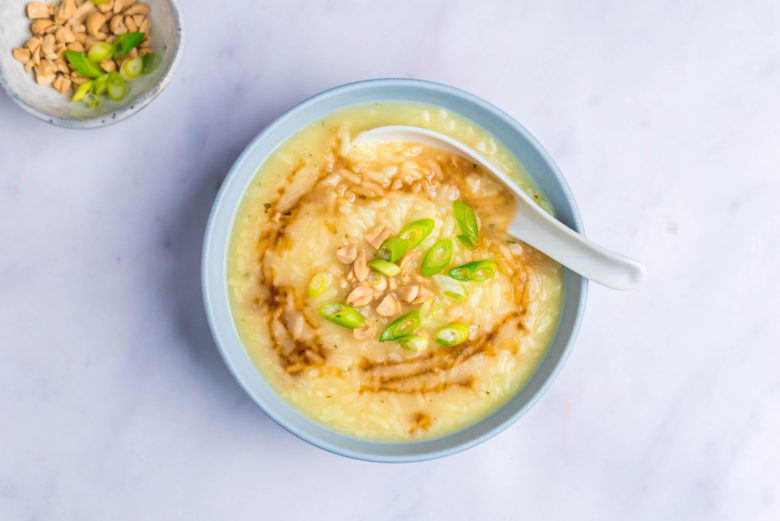 Overhead photo of a bowl of easy Congee Recipe 