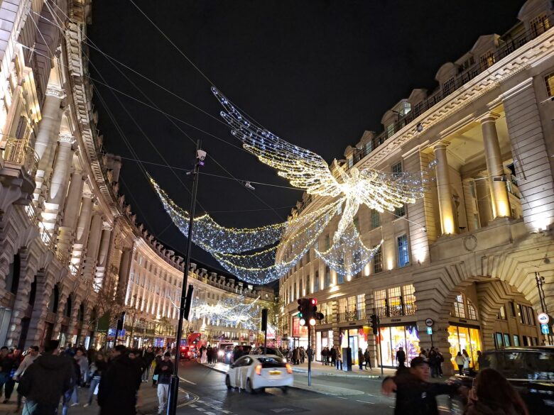 Christmas Activities in London - Angel-style Christmas lights strung up along Regent Street