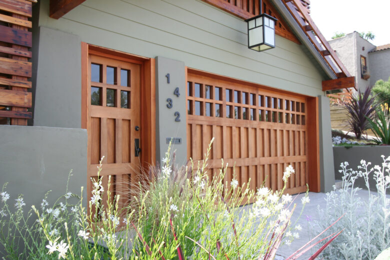 Exterior of a wooden garage door