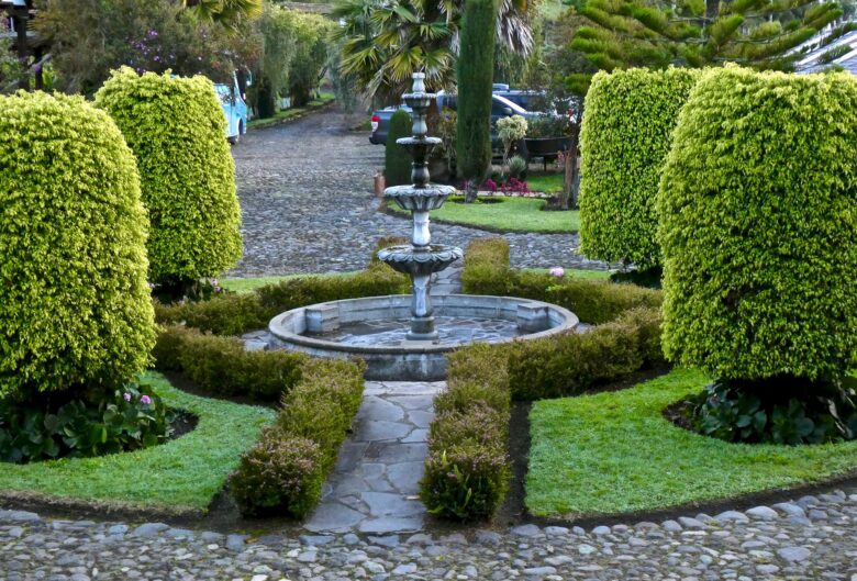 Fountain in manicured garden