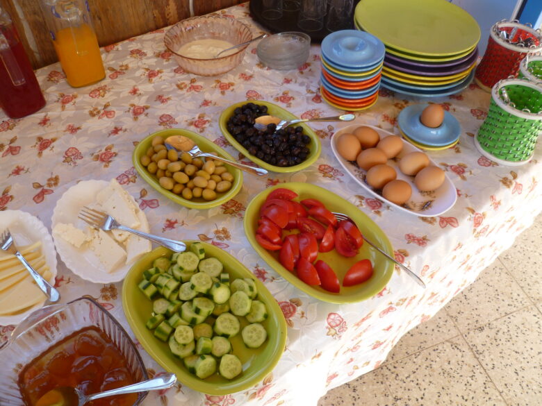 Healthy breakfast foods spread out on a table