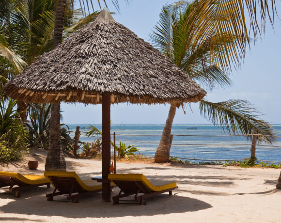 sun loungers on a tropical beach