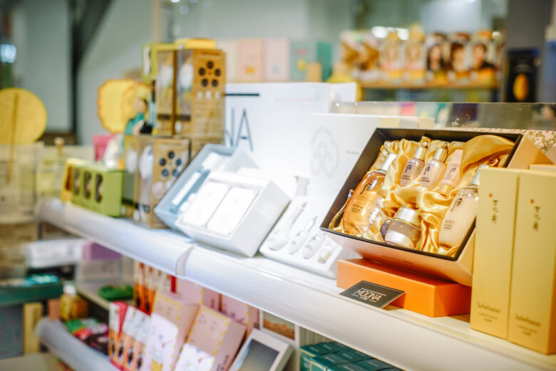 Skincare and beauty products displayed on shop shelves