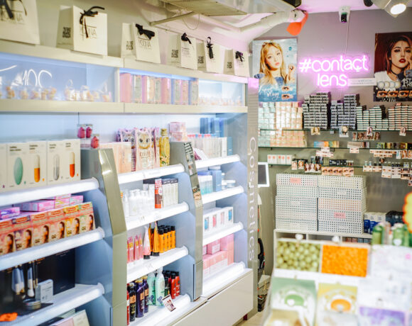Shelves of beauty products in an Asian beauty store