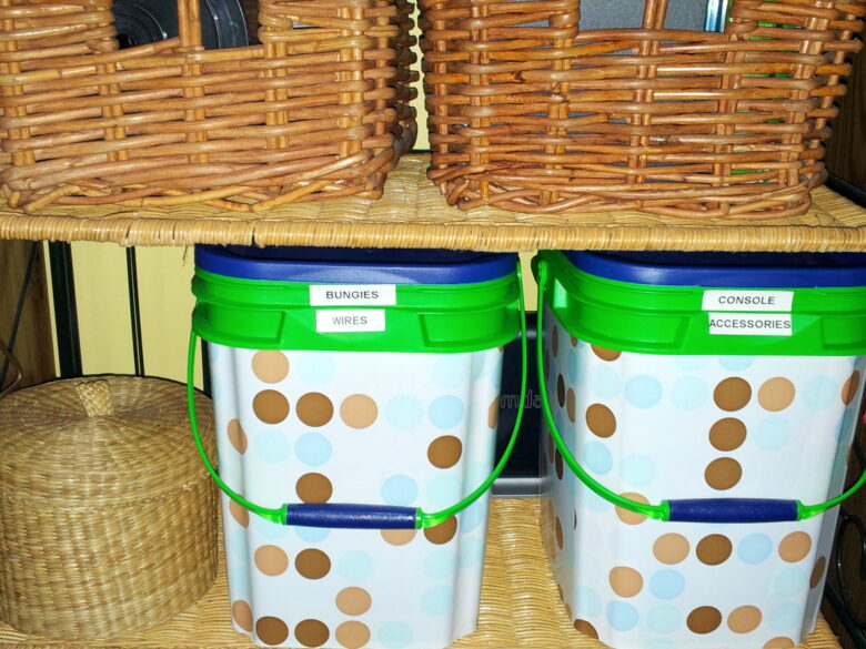 Labelled storage boxes stacked on shelves