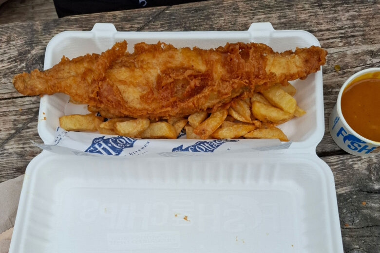 Fish, Chips and Curry Sauce at The Fish Cottage Sandsend